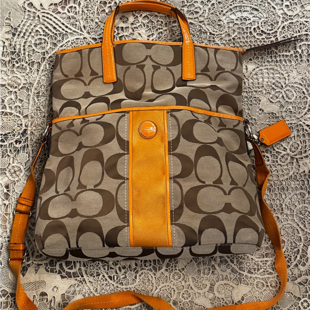 Coach Signature Orange Stripe Convertible Tote/Crossbody Bag, Khaki + Saddle